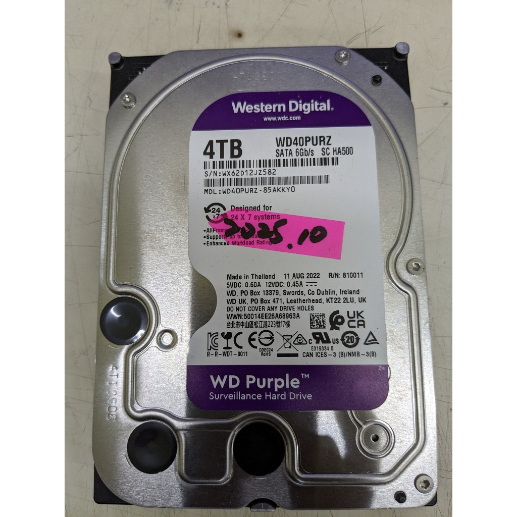 (保固內) 如圖 WD紫標 監控硬碟 4TB 4000G 二手良品 3.5吋 到2025.10