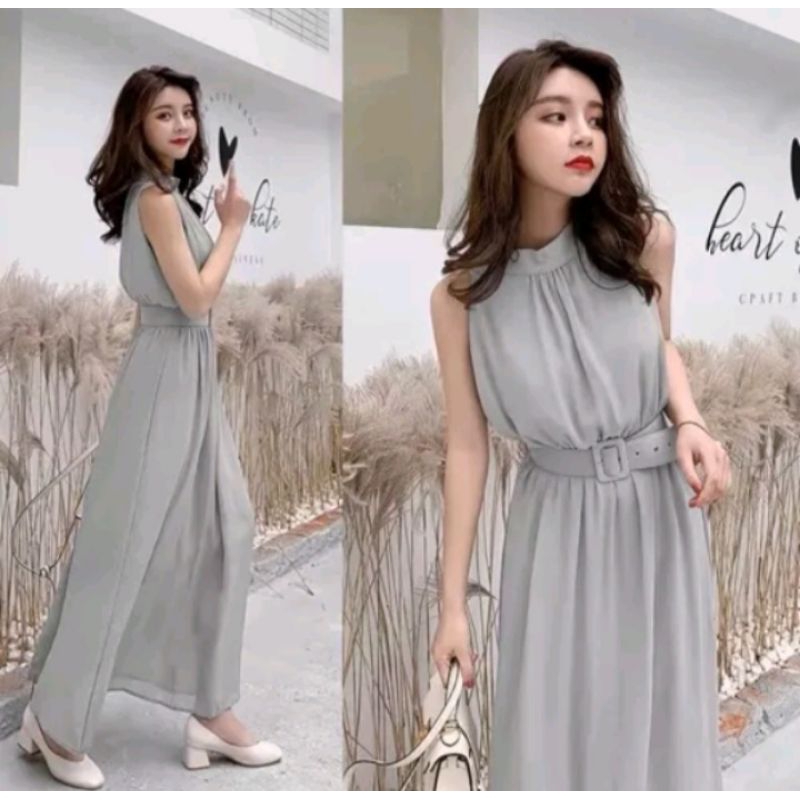 韓版女裝削肩附皮帶氣質長洋裝 宴會洋裝