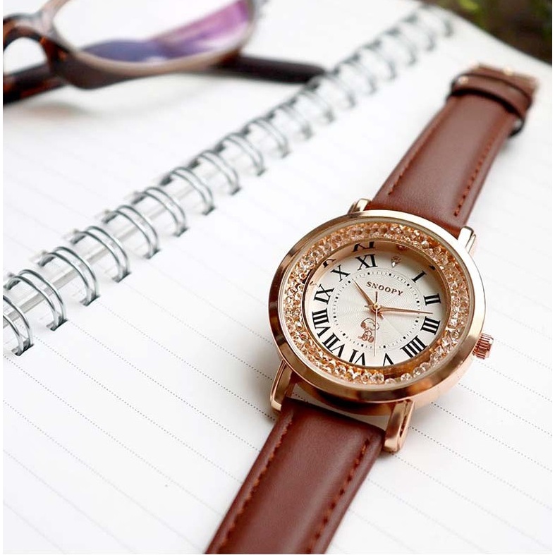 風和屋💖日本進口 正版 SNOOPY 史努比 手錶 天然石x水晶 本革 指針錶 石英錶 女錶 男錶 腕錶 G32