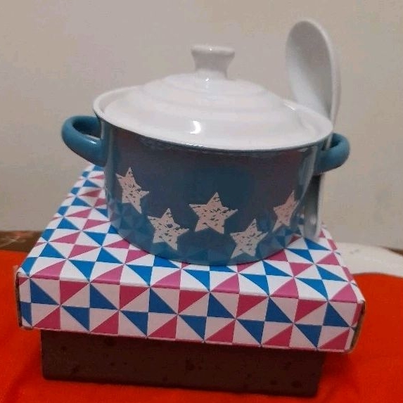 妙管家💥精緻陶瓷藍色小鍋💥附鍋蓋💥湯匙