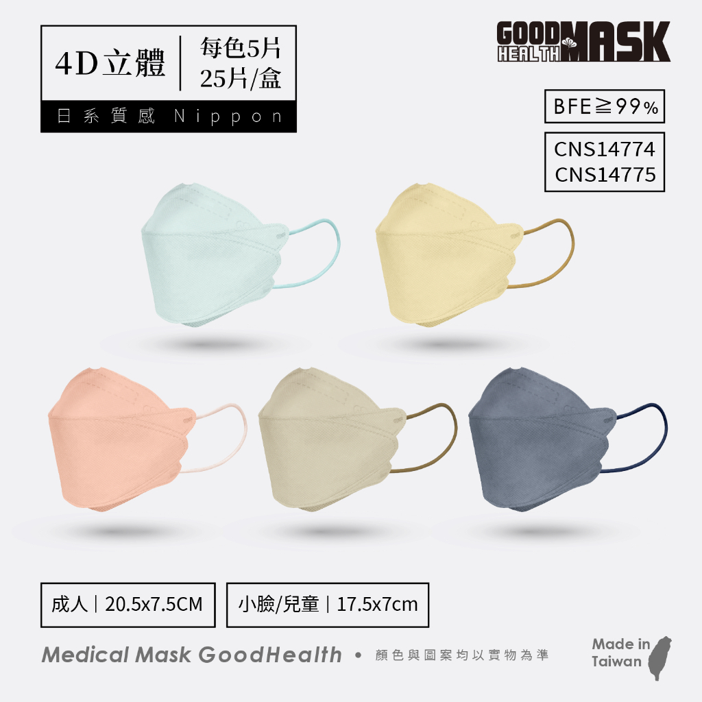 荷康『日系植感 系列5色組合包』立體醫療口罩 MD雙鋼印《成人》《兒童》25入/盒 KF94 立體口罩 彩色耳繩