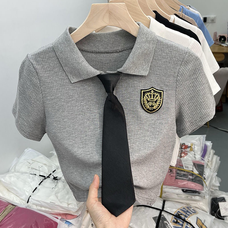🔥台北現貨🚚天天出貨女童夏裝polo領衫短袖新款學院風上衣韓版女童上衣
