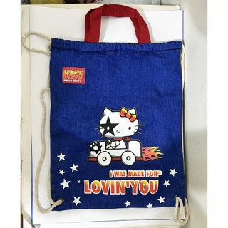 Hello Kitty X KISS樂團 牛仔束口後背包/束口袋/輕便背包/手提袋