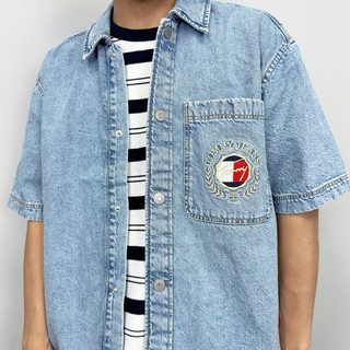 【New START精品服飾-員林】Tommy Jeans 電繡桂冠徽章 牛仔襯衫 短袖襯衫 襯衫外套