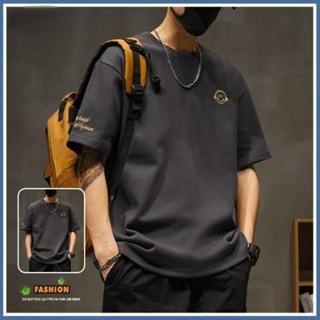 L-8XL 日韓潮牌笑臉logo短袖T恤男 大尺碼男裝 圓領 休閒短t 深灰色上衣 落肩 短袖T恤 男生衣服