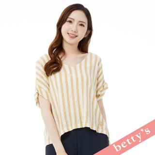 betty’s貝蒂思(31)麻布皺皺面料條紋V領上衣(淺卡其)