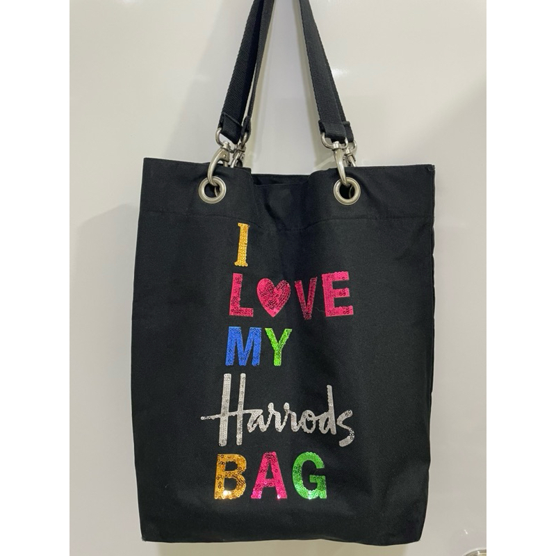 Harrods 彩色亮片黑布袋包包 布包 側背包 肩背包