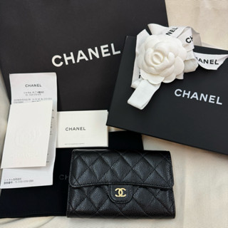 全新 CHANEL 香奈兒 經典 CF 黑色 黑金 中夾 短夾 皮夾 三折 正品 全配 防刮 牛皮 荔枝紋 魚子醬 錢包