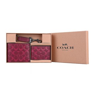 COACH C字壓印LOGO小牛皮8卡對折短夾名片夾三合一禮盒組(酒紅)