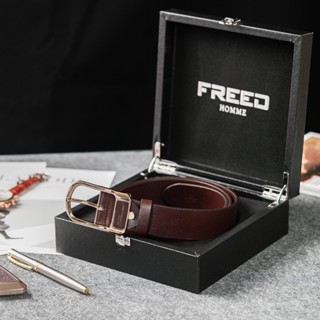 【FREED】復古馬蹄扣商務休閒頭層牛皮皮帶 - 咖啡色 生日禮物 男友禮物 客製化刻字