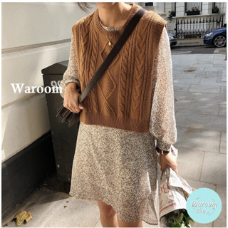 Waroom|現貨自留推薦 A667 秋冬韓國雪紡碎花長袖洋裝+針織馬甲|女裝|小個子|套裝|兩件套|連身裙|氣質|裙子