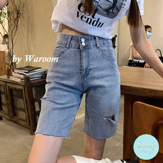 Waroom|現貨售完不補 B89 高腰雙排釦彈性破洞五分藍色牛仔短褲 女顯瘦直筒褲 五分褲 馬褲 牛仔褲 學生褲 短褲