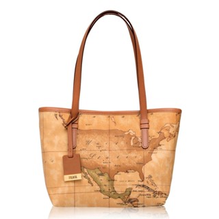 【Alviero Martini 義大利地圖包 】扣式長把手提肩背托特包30cm-地圖黃