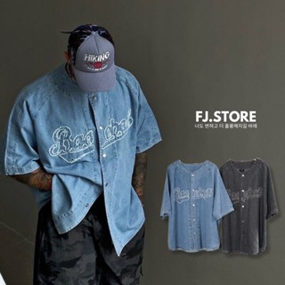 【FJstore】美式 抽鬚牛仔棒球外套 短T 短袖 短踢 襯衫 落肩 短袖上衣 男生短袖 女上衣 情侶 T恤
