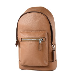 COACH 男款 素面皮革荔枝紋單肩背胸包-棕色 【美國正品現貨】