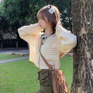 【YoRi】短版鏤空防曬針織罩衫 女生寬鬆針織上衣 春夏季複古寬鬆設計感小眾長袖上衣 縷空上衣 針織女生長袖上衣