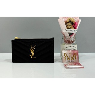 優買二手精品名牌店 YSL 607915 LOGO OCASE 金釦黑色魚子醬荔枝皮 一字信用卡夾名片夾零錢包卡包錢包短
