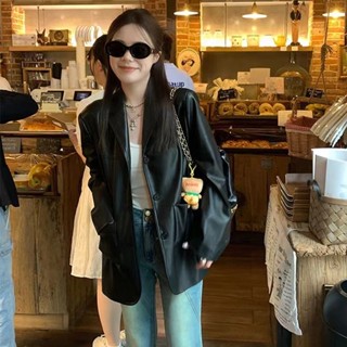 【柒月服裝~】設計感西裝皮衣外套女2024新款韓版機車風高街時尚黑色PU小西服潮