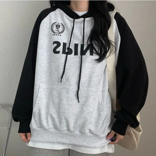 Vuja de 拼接衛衣 大學t 薄衛衣 oversize ins 長袖衛衣 秋季女裝 字母印花 韓國上衣 刷毛 衣服女