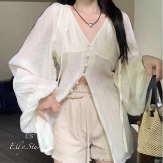 【Elly.Studio】法式氣質透膚襯衣(杏/白/藍)收腰燈籠袖上衣