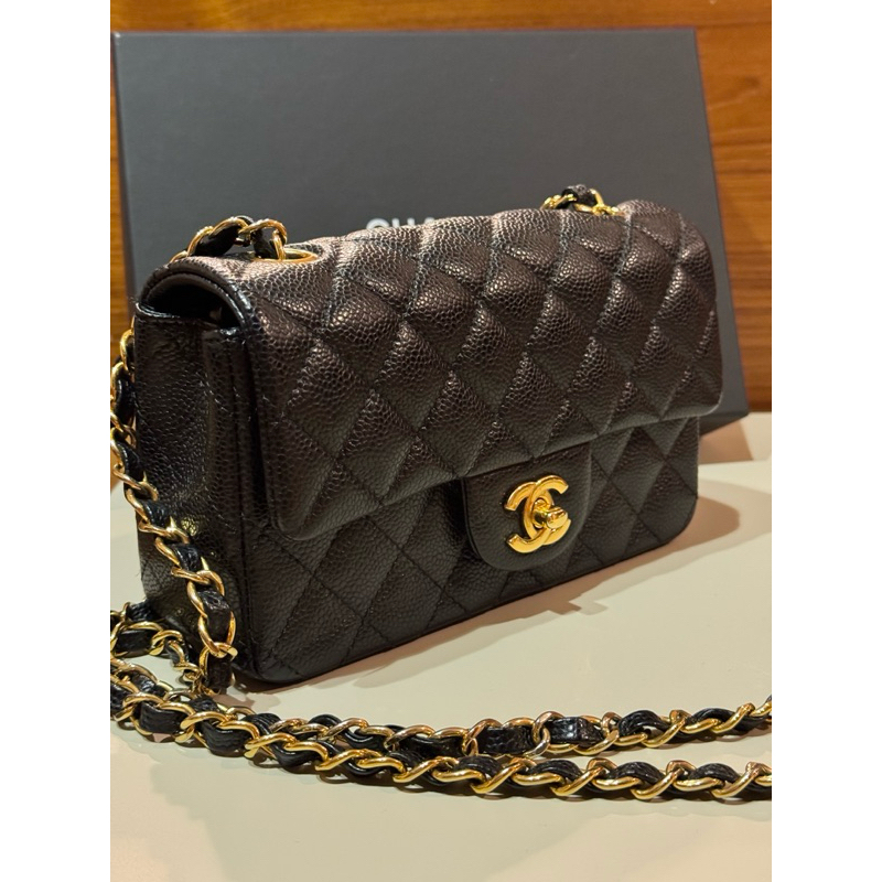 Chanel CF20 黑金荔枝紋 CF大mini