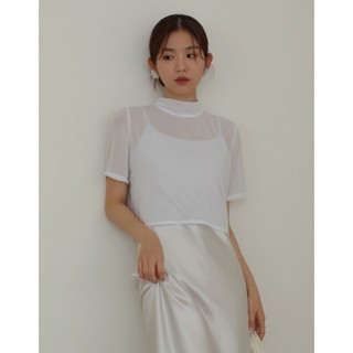 CHIC A SPACE 法式高領後綁帶透肌上衣(白/藍綠) 女裝 現貨
