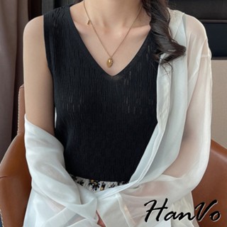 【HanVo】V領鏤空質感薄針織背心 春夏波浪紋透氣簡約針織上衣 韓系女裝 女生衣著 A01-0313