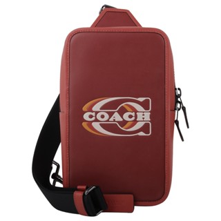 COACH- 壓印字母拼色皮革直立式側背胸包(橘紅)