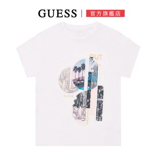 【GUESS】印花水鑽造型風格短T-白