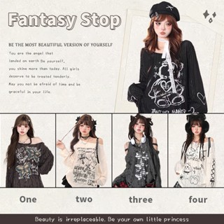 【FANTASY】美式復古破洞上衣 蝴蝶貼布 露肩長袖罩衫 斜肩上衣 廢土風長袖 辣妹上衣 寬鬆印花上衣 掛脖絲帶上衣女