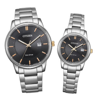 CITIZEN 星辰 PAIR系列 BM6977-70E+EW2317-76E 光動能銀框情侶對錶 黑麵