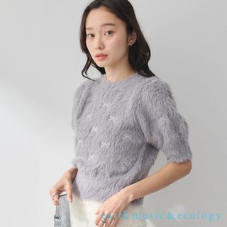 earth music&ecology 緞帶刺繡羽毛毛絨短袖針織上衣(1M43L2C1100)