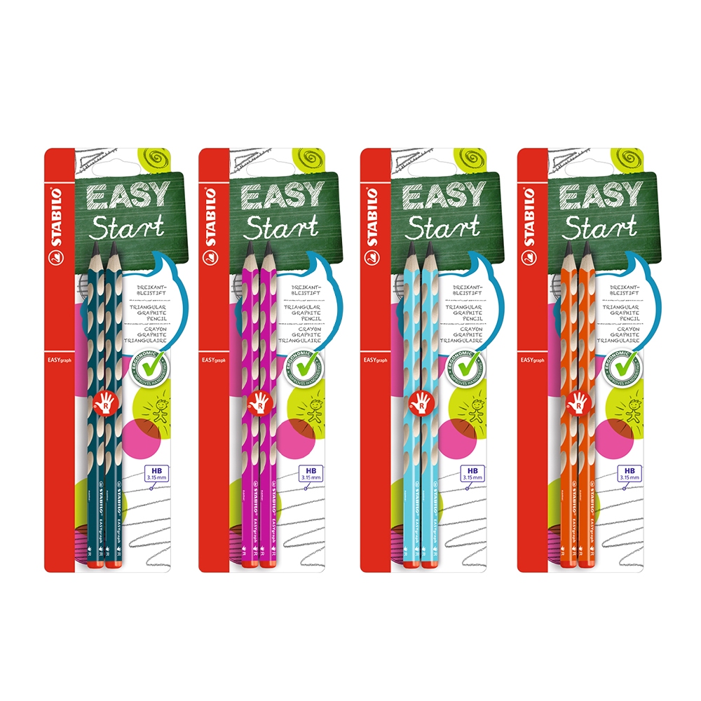 STABILO EASYgraph 吊牌式右手用HB鉛筆2入 粉紅/淺藍/橘/藍綠