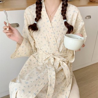 FUXI 日系碎花睡袍女 長袖和服浴袍 寬鬆甜美連身睡衣 V領開衫睡裙 居家服 可外穿家居服