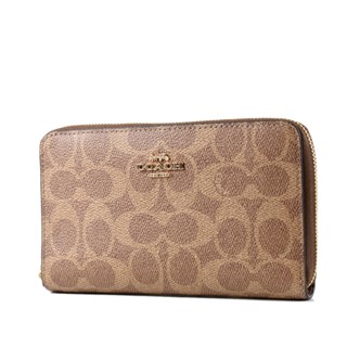 COACH 緹花LOGO防刮皮革拉鍊中夾-棕褐 【美國正品現貨】