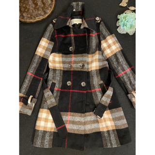 Burberry 黑色 格紋 羊毛 長版 外套／古銅色 皮質 連帽 長版 外套