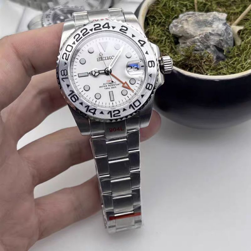 Seiko mod 白面 探險家 GMT 兩地時間 NH34 41mm 改裝 致敬 自動上鏈 機械錶 背透 文青