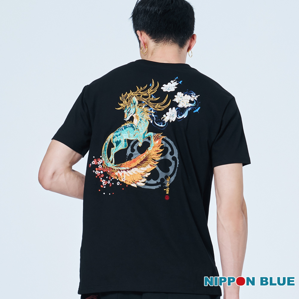 BLUE WAY 日本藍 - 男款 金標神鹿守護獸短TEE(黑)