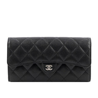 CHANEL 銀色CC Logo荔枝皮二折壓釦長夾(黑色) AP0241 Y01588 C3906