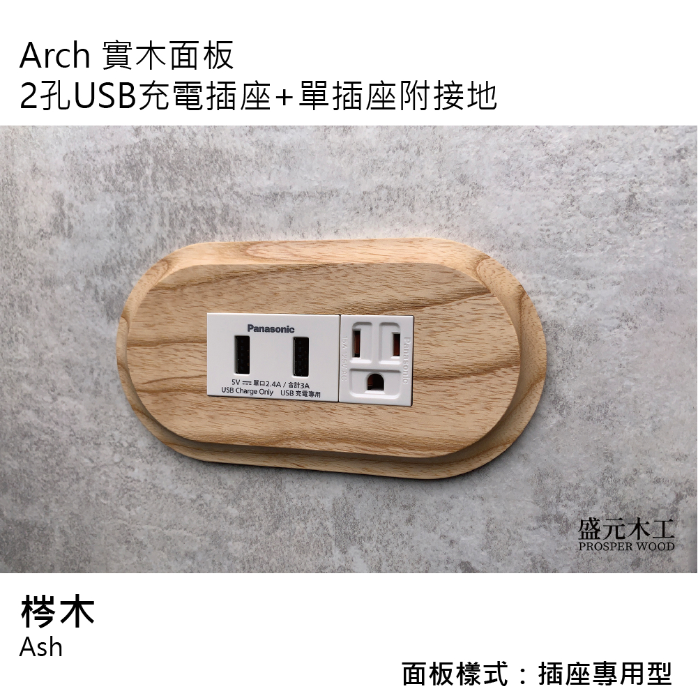 盛元木工 Arch 實木面板 + 2孔USB充電插座 + 單插座附接地-白色 (國際牌開關插座)