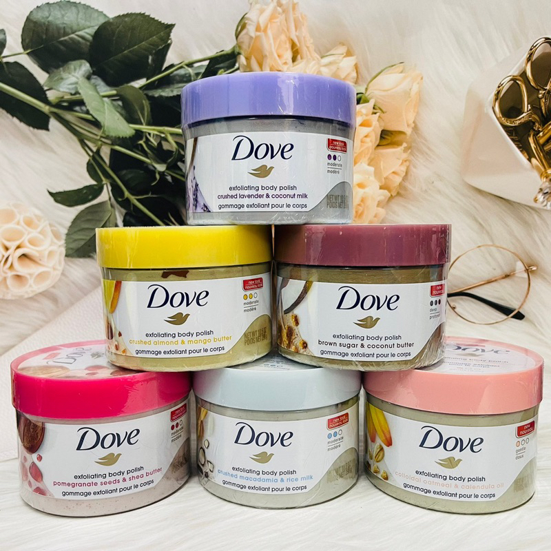 DOVE 身體磨砂霜 紅石榴+乳木果油/紅糖+椰子油/杏仁+芒果奶油/澳洲堅果+米奶/燕麥+金盞花油 298g 多款供選