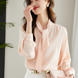 衣時尚 上衣 長袖襯衫 溫柔系粉色飄帶襯衫秋款韓國上衣雪紡衫T651-889.