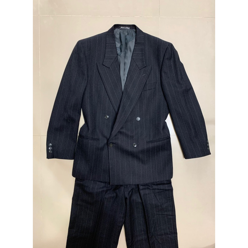 成套西裝！80年代商務風Mani by Giorgio Armani 炭灰色 條紋 墊肩power suit 精品古著