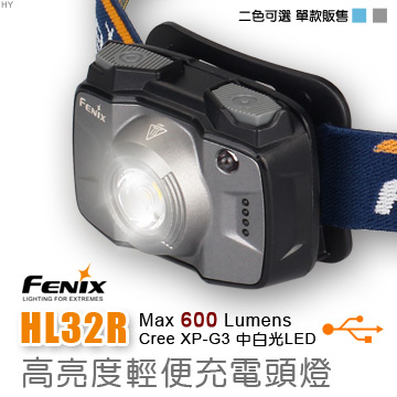 【瑞棋精品名刀】FENIX HL32R 600流明高亮度輕便充電頭燈/灰藍二色可選 $1980