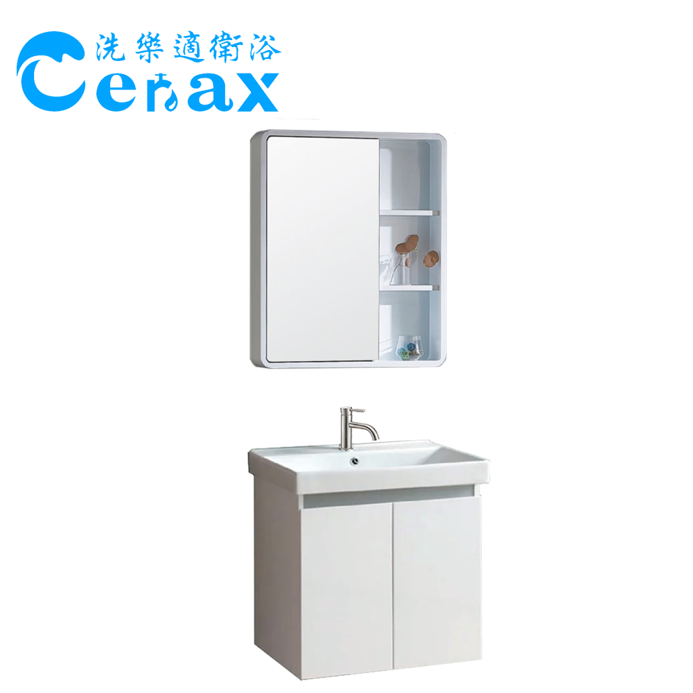 【CERAX洗樂適衛浴】100%防水PVC發泡板浴櫃60CM 304不鏽鋼面盆龍頭 65CM單面側開放鏡櫃 衛浴三件組