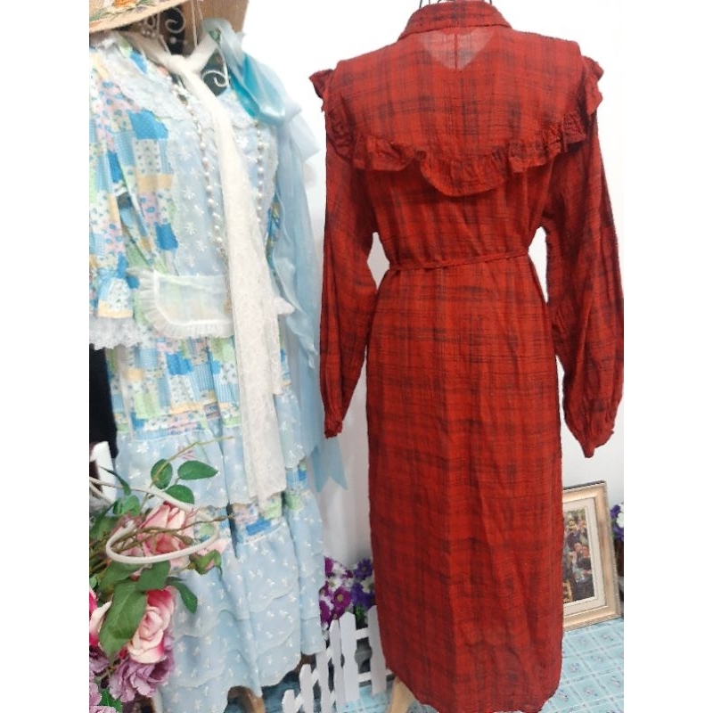 BIERSACK 韓國進口🇰🇷復古腥紅蘇格蘭紋《스칼렛 스코틀랜드 격자 무늬》純棉100%/薄款襯衫式/排扣長袖洋裝