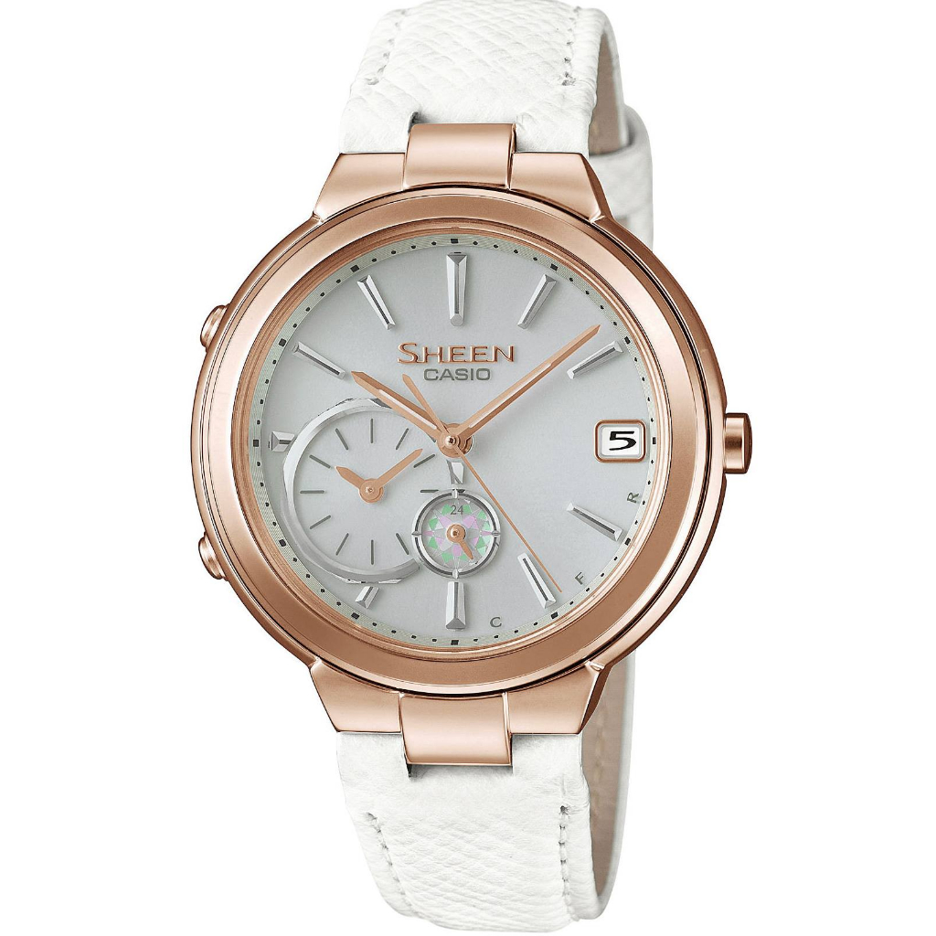 CASIO 卡西歐 SHEEN 優雅 太陽能日曆皮帶腕錶(SHB-200CGL-7A)白色/35mm