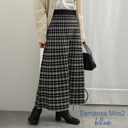 Samansa Mos2 blue 格紋圖案喇叭剪裁針織長裙(FG33L0L1080)