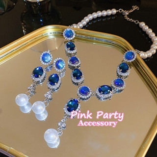 【項鍊】法式藍色水晶水鑽珍珠水滴流蘇項鍊 耳環 新娘項鍊 PinkParty❤韓系飾品
