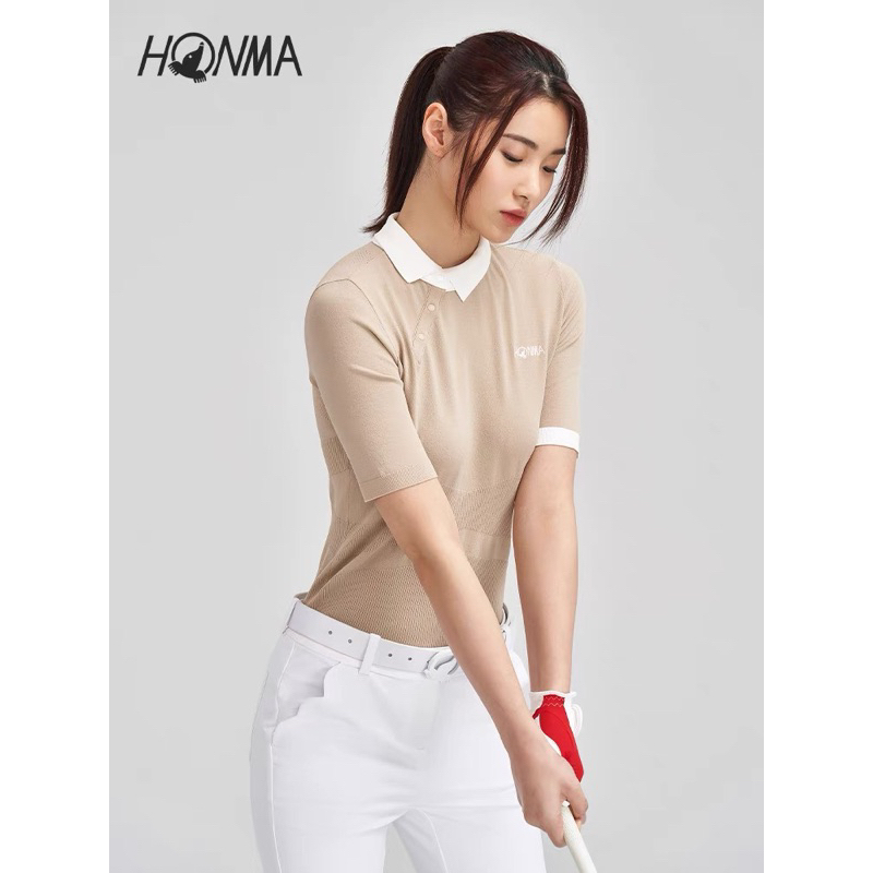 HONMA 高爾夫球服飾 X系列女短袖針織衫 修身 撞色 斜領 上衣 衣服